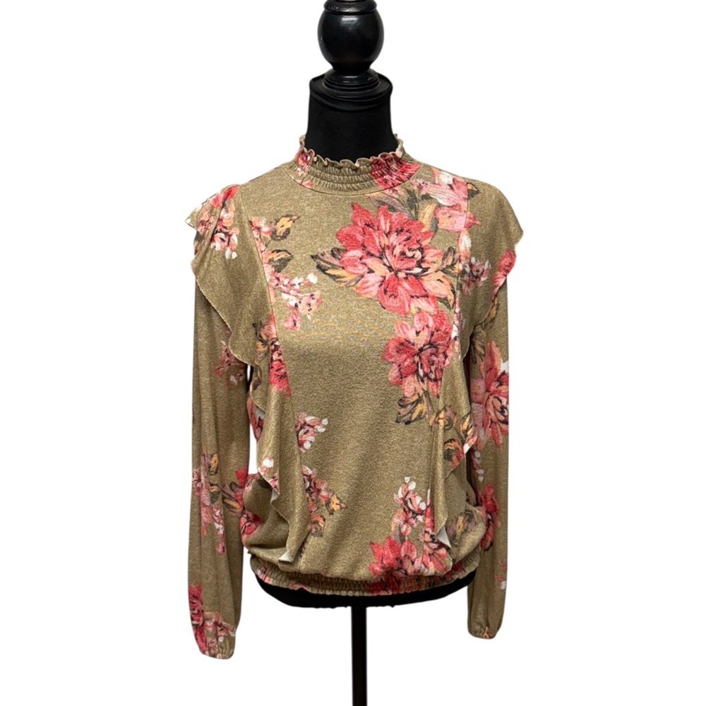 Maurices Tan and Green Ruffled Fitted Blouse. Feminine Soft Floral
